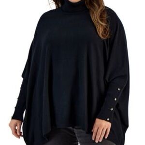 JM Collection Black Turtleneck Poncho Sweater with Button-Trim Sleeves